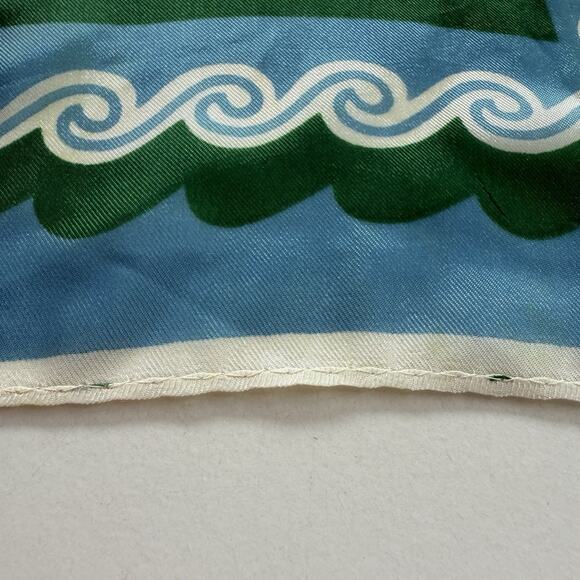 Vintage Green Blue Wave Border Oblong Scarf 41” Maximalist‎ Mod Print No Tag - Picture 6 of 10